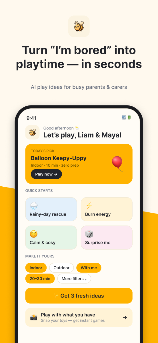 BusyBee! home screen with today's play pick and quick starts