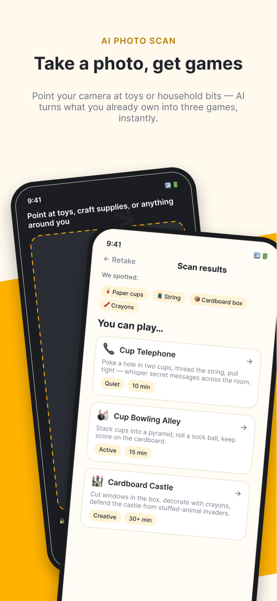 BusyBee! scanning household items with the camera and turning them into game ideas