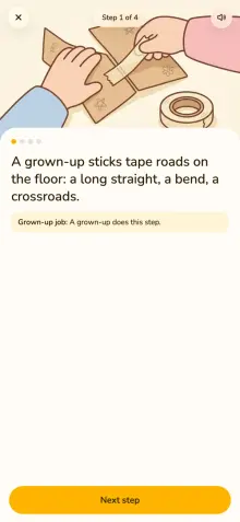 Step 1 of Tape Town in the app: the drawing on top, the instruction below it.