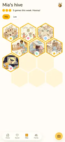 The hive screen in the app, with seven games in it.
